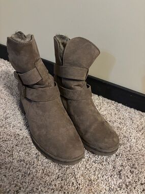 White Mountain Taupe Suede Ankle Booties with Buckle Detail